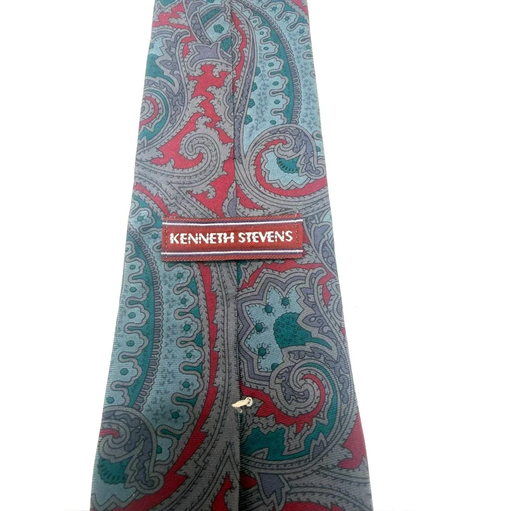 Kenneth Stevens Silk Tie Paisley Red Grey Teal Blue Made in USA Italian Fabric